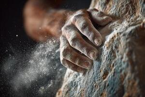 A climber's hand presses against a textured rock wall, covered in chalk dust, highlighting the intense focus and effort of the athlete photo