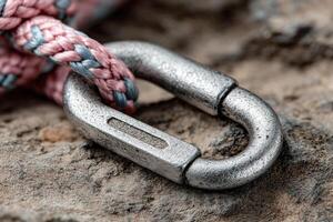 A metal carabiner securely links a colorful braided rope to a rough rocky terrain under natural light photo