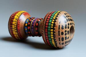 A wooden toy with colorful designs on it photo