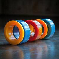 A group of colorful plastic rings sitting on a table photo
