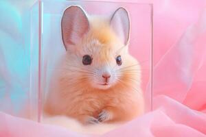 A small rabbit is sitting in a clear box photo