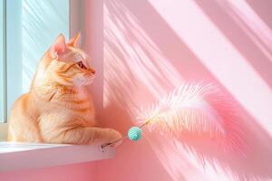 A cat sitting on a window sill with a feather toy photo
