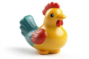 A toy chicken is standing on a white background photo
