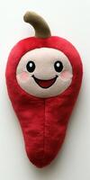 A red apple shaped pillow with a smiling face photo