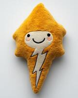 A yellow lightning bolt shaped pillow with a smiling face photo