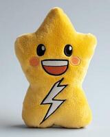 A yellow star shaped plush toy with a lightning bolt on it photo