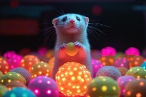 A ferret in a ball of colorful lights photo