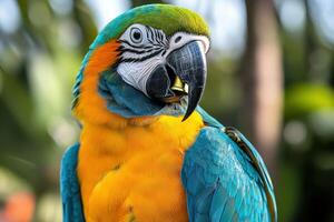 A close up of a colorful parrot with a green leaf in its beak photo
