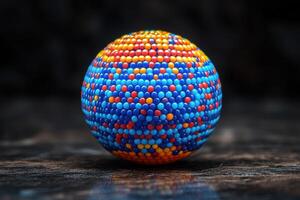 A colorful ball made of beads sitting on a table photo