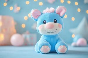 A blue stuffed animal sitting on a blue table photo