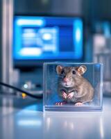 Mouse in a transparent box on a desk photo