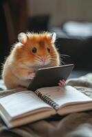 A hamster is sitting on a bed with a book photo