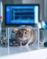A mouse in a clear box on a desk photo