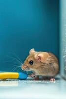 A mouse is standing on a blue surface with a toothbrush photo