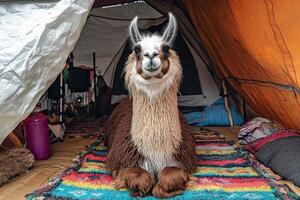 A llama sitting in a tent with a blanket photo