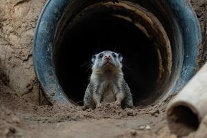 A meerkat is looking out from a hole in the ground photo