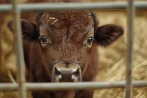 A close up of a cow behind a fence photo