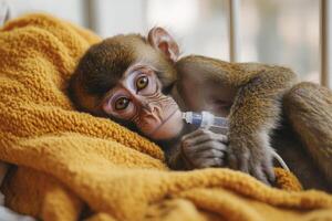 A monkey with an oxygen tube in its mouth photo