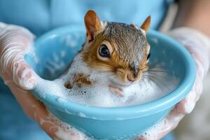 A squirrel is being washed in a blue bowl photo