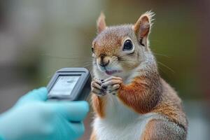 A squirrel is being held by a person in a glove photo