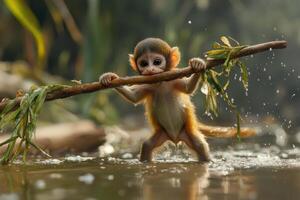 A monkey holding a stick in the water photo