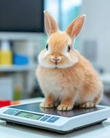 Rabbit on Scale Weighing a Pet Bunny for Health Check photo