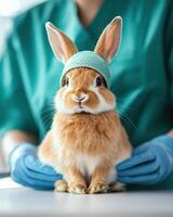 A rabbit wearing a bandage on its head photo