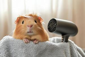 Guinea pig drying off with a blow dryer photo