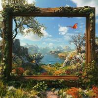 A frame with a view of a landscape and a butterfly photo
