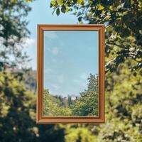 A wooden frame with a view of a forest photo
