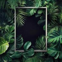 Tropical leaves and palm leaves frame with black square photo
