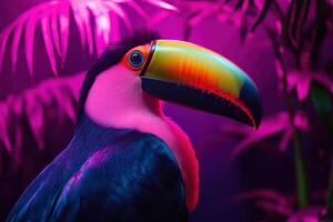 A colorful toucan is standing in front of a purple light photo