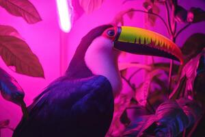A toucan is standing in front of a purple light photo