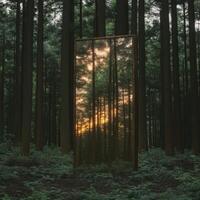 A mirror in the middle of a forest with trees photo