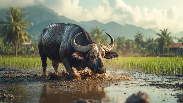 A water buffalo is walking through a muddy field