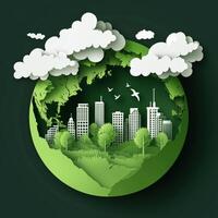 Green city with trees and clouds on the planet photo