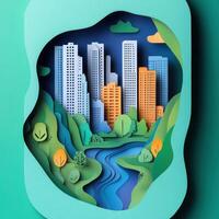Paper art of city with river and trees photo