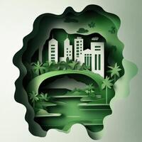Paper art of green city with palm trees and water photo