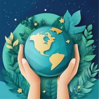 Save the earth concept with hands holding the globe and leaves on a blue background photo