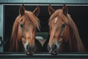 Two horses looking out the window of a trailer photo