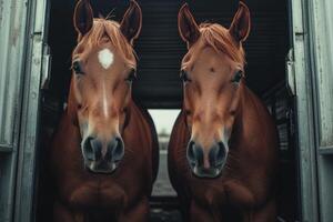 Two horses looking at the camera in a metal stall photo