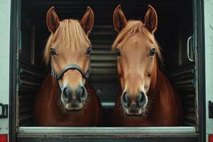 Two horses looking out of the window of a truck photo