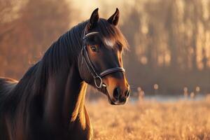 A horse is standing in a field at sunset photo