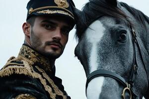 A man in uniform is standing next to a horse photo