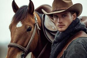 A man in a cowboy hat and scarf is standing next to a horse photo