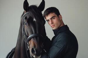 A man is posing with a horse photo
