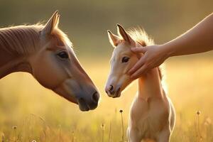 Brown Horse and Foal in a Field, Closeup Photo. photo