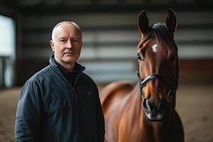A man standing next to a horse in an indoor arena photo