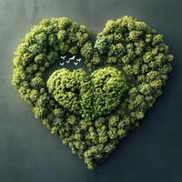 Heart shaped green trees and birds on a dark background photo