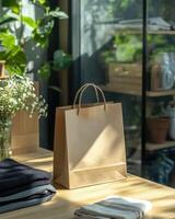 A brown paper bag sits on a wooden table photo